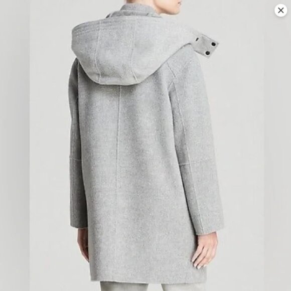 Vince light grey wool coat with rabbit fur trim hood - Picture 3 of 9
